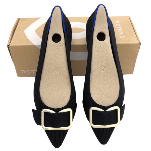 Rothy’s The Emblem Point II Black Knit Gold Pointed Toe Flats Shoes